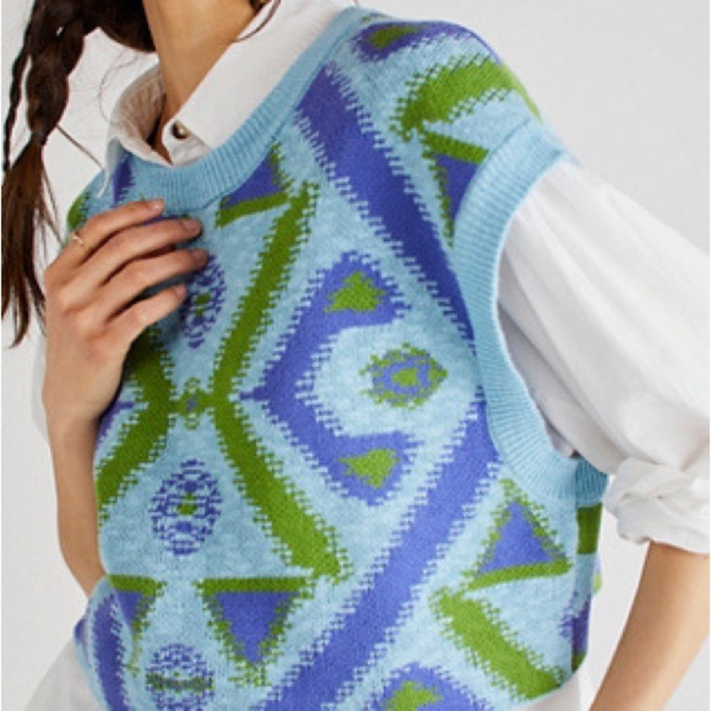 Free People Blue & Green Geometric Knit Sweater Vest